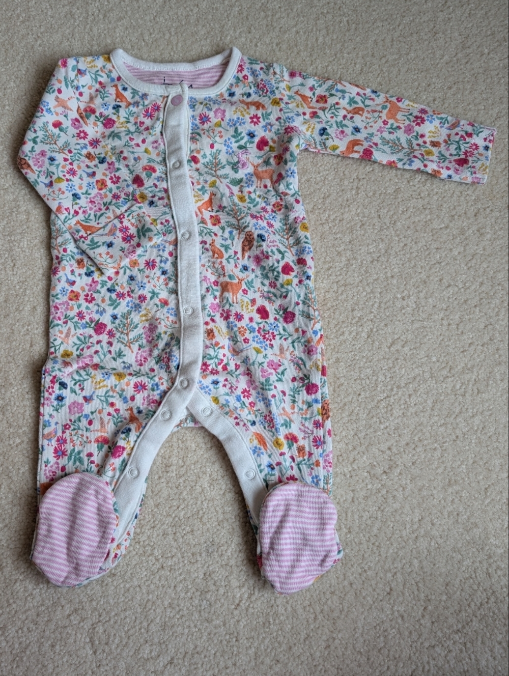 Joules White Floral Woodland One-Piece with Pink Foot Accents